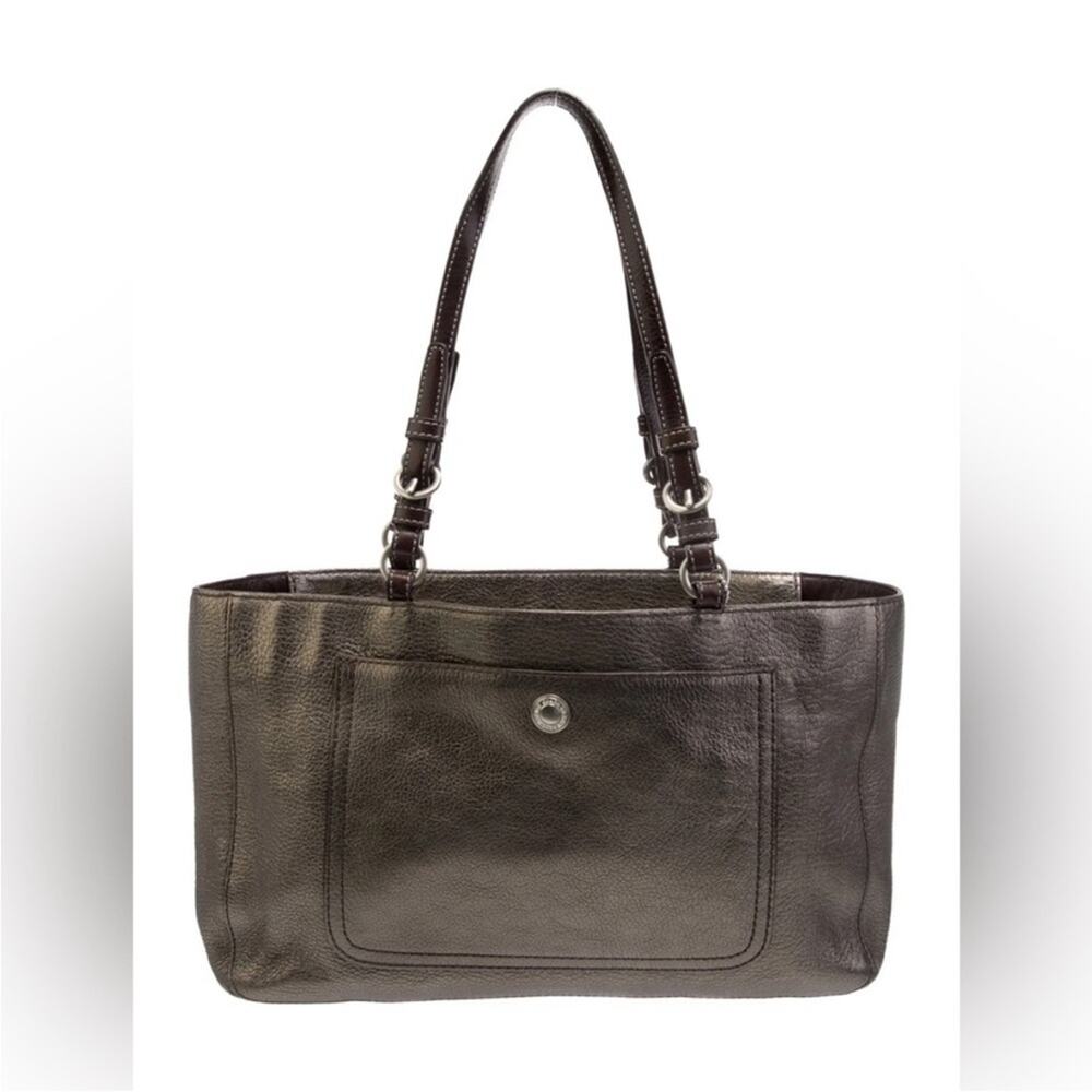 Elegant Coach Metallic Tote Bag with brown leather handles. Pre-loved.